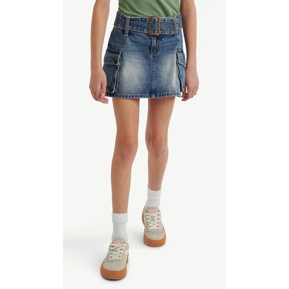 Justice Girls Denim Cargo‎ Skort with Belt Blue Wash Utility Skirt Size 10 NWT